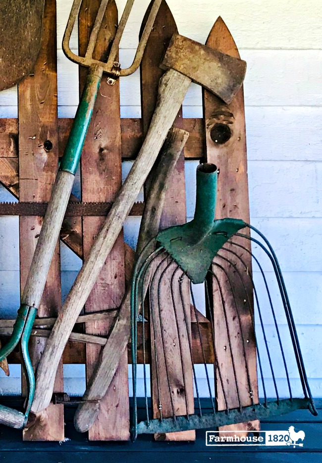 garden gate - how to attach antique tools to a wooden gate